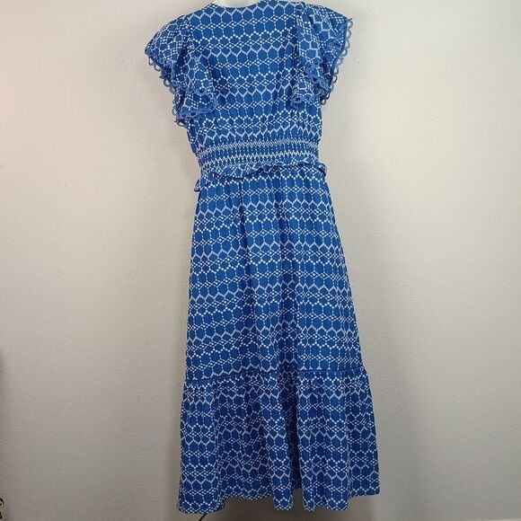 O.p.t Women Blue / White Tiered Maxi dress with V Neckline and Flutter Sleeves L - Picture 10 of 16